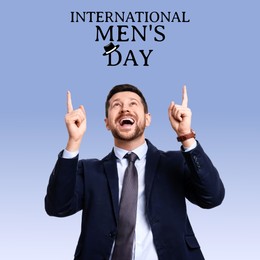 Image of International Men's Day card with hat illustration. Happy man on light blue gradient background