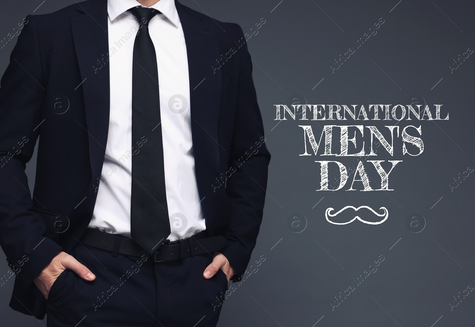 Image of International Men's Day card with moustache illustration. Man against grey background, closeup
