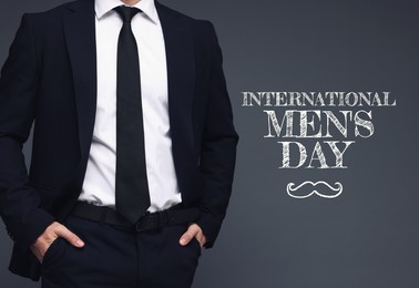 Image of International Men's Day card with moustache illustration. Man against grey background, closeup