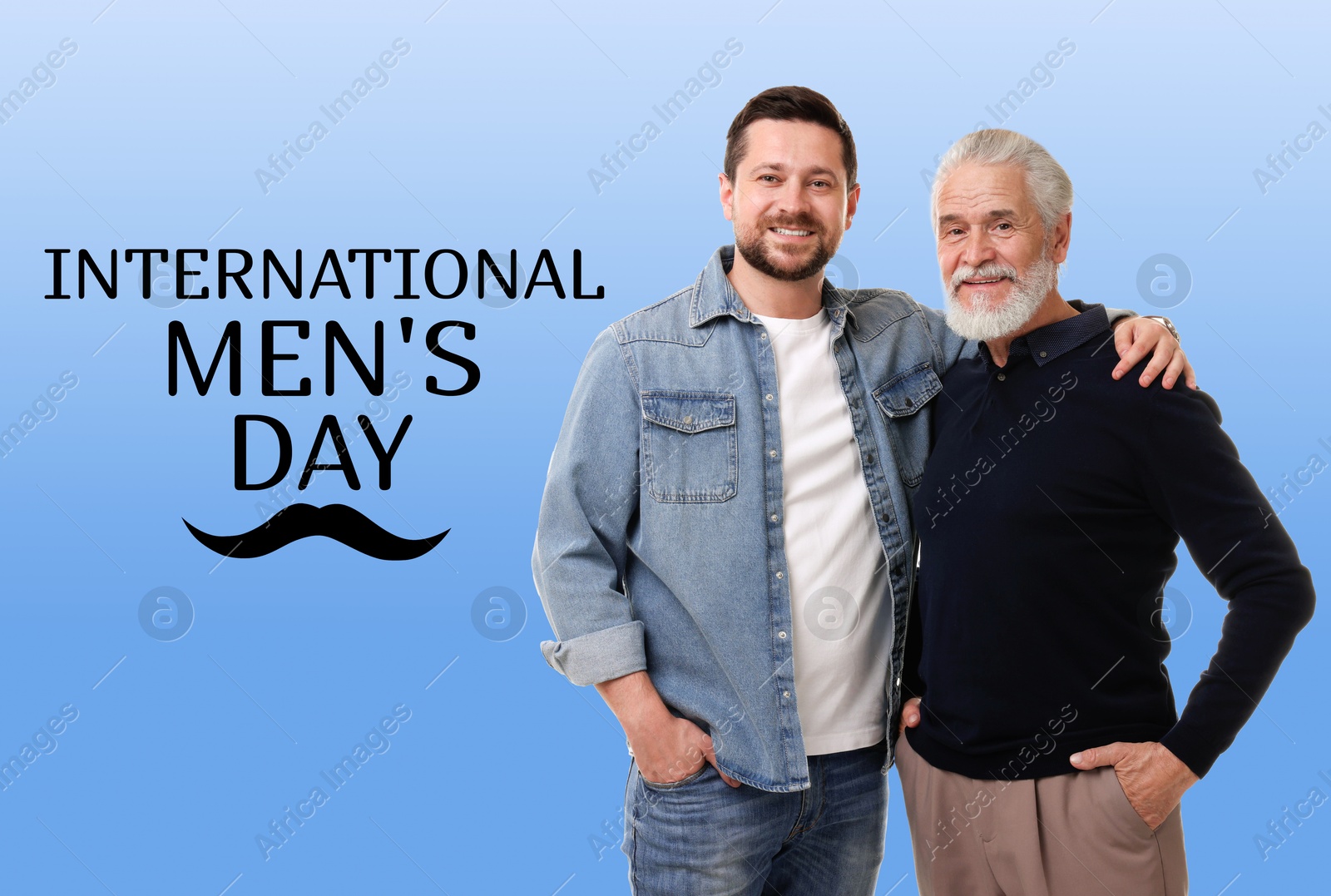 International Men's Day card with moustache illustration. Happy man and his father against light blue gradient background Image of International Men's Day card with moustache illustration. Happy man and his father against light blue gradient background