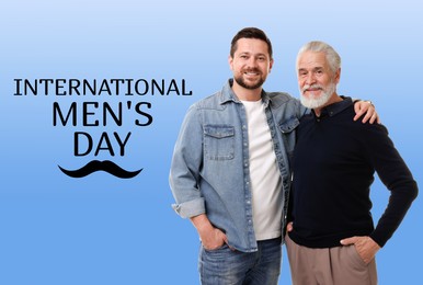 Image of International Men's Day card with moustache illustration. Happy man and his father against light blue gradient background