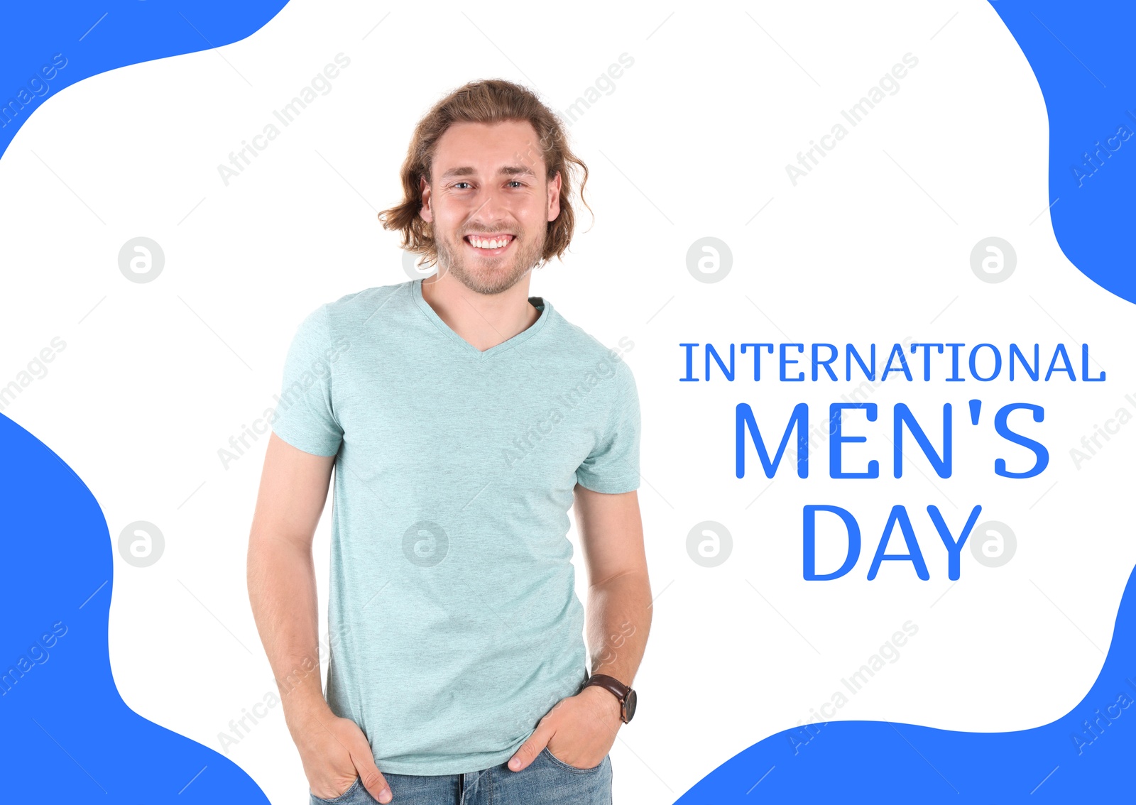 International Men's Day card. Happy man on white and blue background Image of International Men's Day card. Happy man on white and blue background