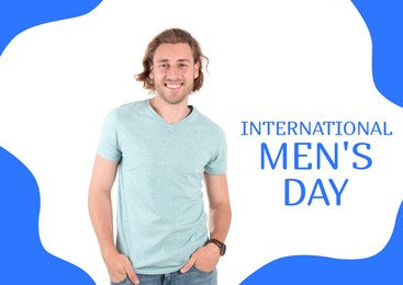 Image of International Men's Day card. Happy man on white and blue background