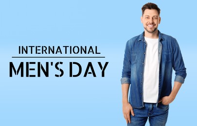Image of International Men's Day card. Happy man on light blue background