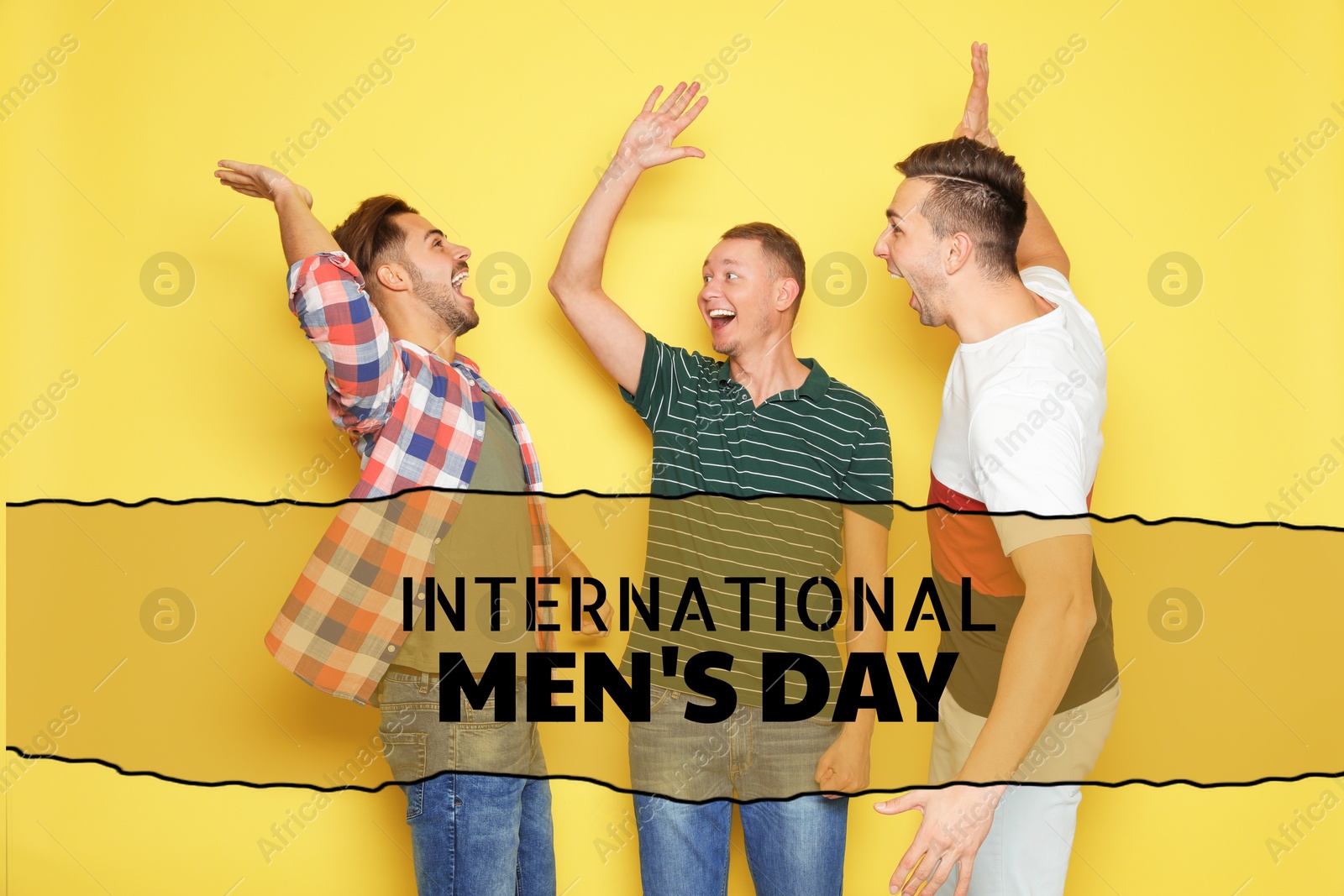International Men's Day card. Happy men giving high five against yellow background Image of International Men's Day card. Happy men giving high five against yellow background