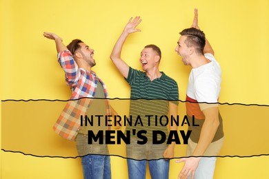 Image of International Men's Day card. Happy men giving high five against yellow background