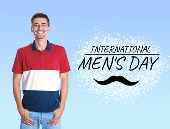 Image of International Men's Day card with moustache illustration. Happy man on light blue gradient background