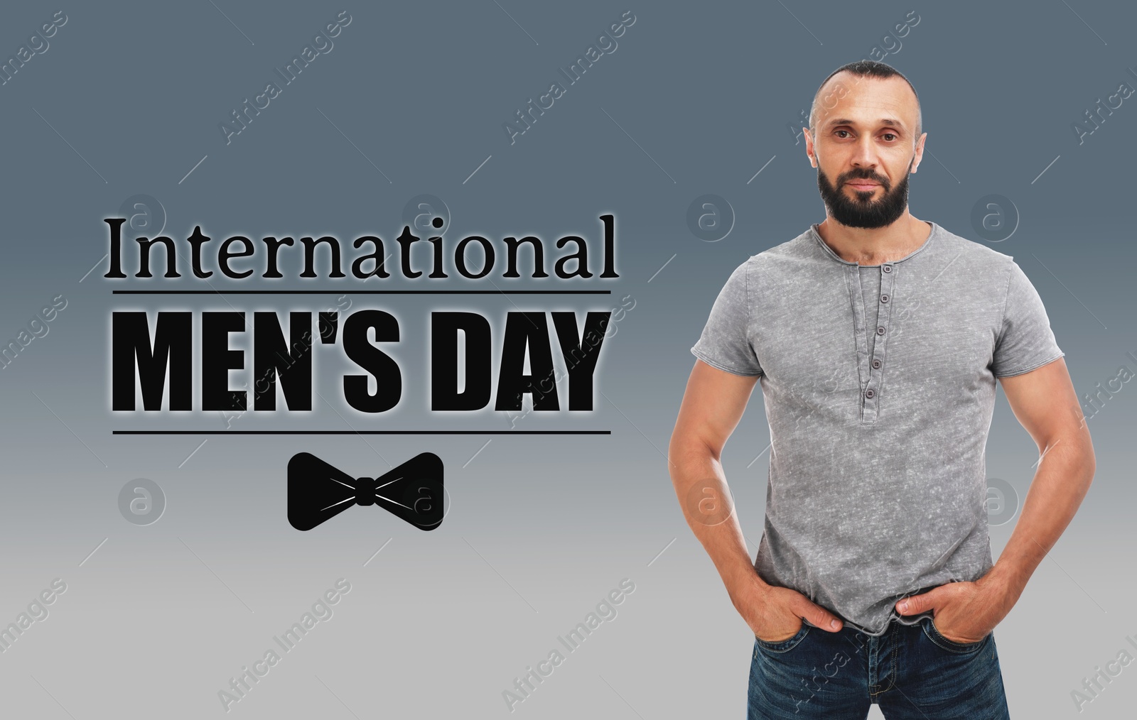 International Men's Day card with bowtie illustration. Man on grey gradient background Image of International Men's Day card with bowtie illustration. Man on grey gradient background
