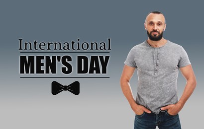 Image of International Men's Day card with bowtie illustration. Man on grey gradient background