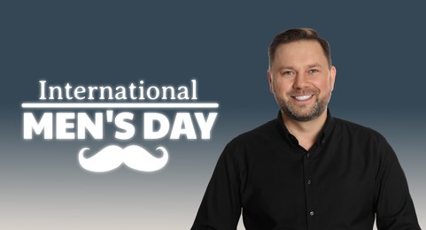 Image of International Men's Day card with moustache illustration. Happy man on grey gradient background