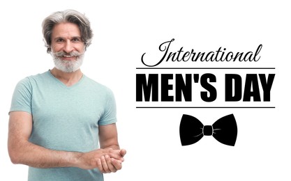 Image of International Men's Day card with bowtie illustration. Happy man on white background