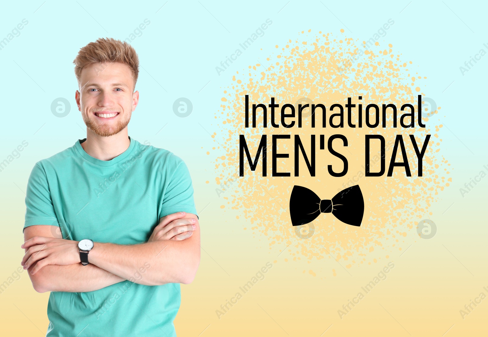 International Men's Day card with bowtie illustration. Happy man on color gradient background Image of International Men's Day card with bowtie illustration. Happy man on color gradient background