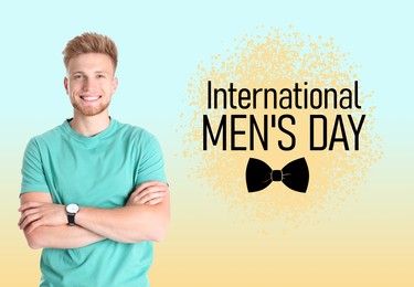 Image of International Men's Day card with bowtie illustration. Happy man on color gradient background
