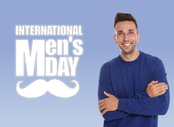 Image of International Men's Day card with moustache illustration. Happy man on light blue gradient background