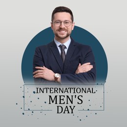 Image of International Men's Day card with happy man on grey gradient background