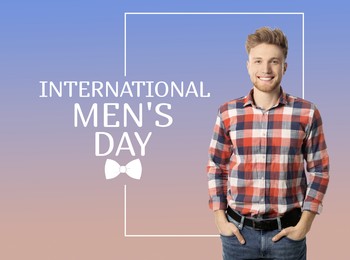 Image of International Men's Day card with bowtie illustration. Happy man on color gradient background