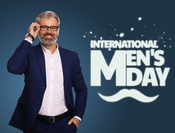 Image of International Men's Day card with moustache illustration. Happy man on dark blue gradient background