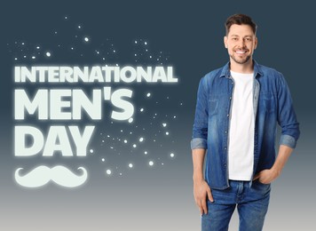 Image of International Men's Day card with moustache illustration. Happy man on color gradient background