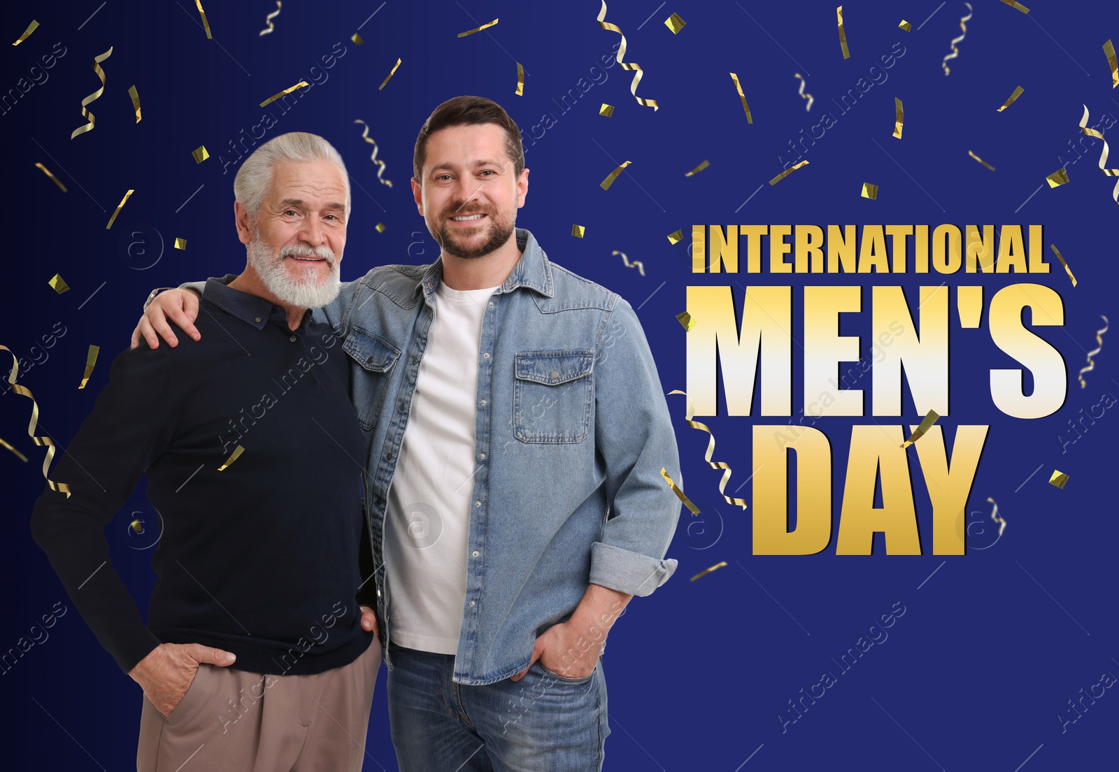 Image of International Men's Day card. Happy man with his father under falling serpentine streamers and confetti on blue gradient background