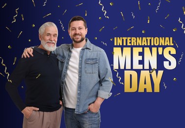Image of International Men's Day card. Happy man with his father under falling serpentine streamers and confetti on blue gradient background