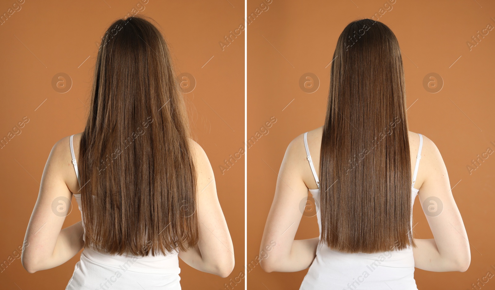 Before and after hair treatment. Collage with photos of woman on brown background, back view Image of Before and after hair treatment. Collage with photos of woman on brown background, back view