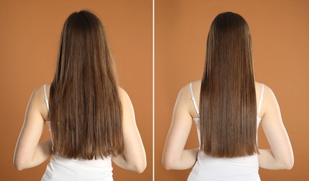 Image of Before and after hair treatment. Collage with photos of woman on brown background, back view