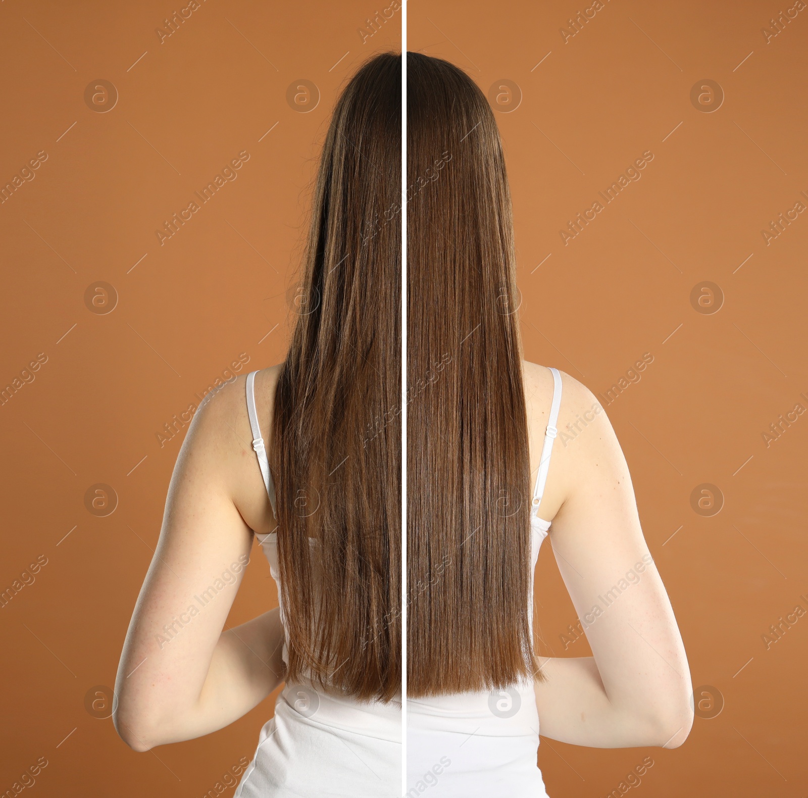 Before and after hair treatment. Photo of woman on brown background divided into halves, back view Image of Before and after hair treatment. Photo of woman on brown background divided into halves, back view