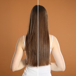 Image of Before and after hair treatment. Photo of woman on brown background divided into halves, back view