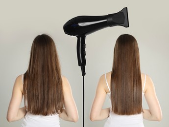 Image of Before and after hair styling. Hair dryer between photos of woman against grey background