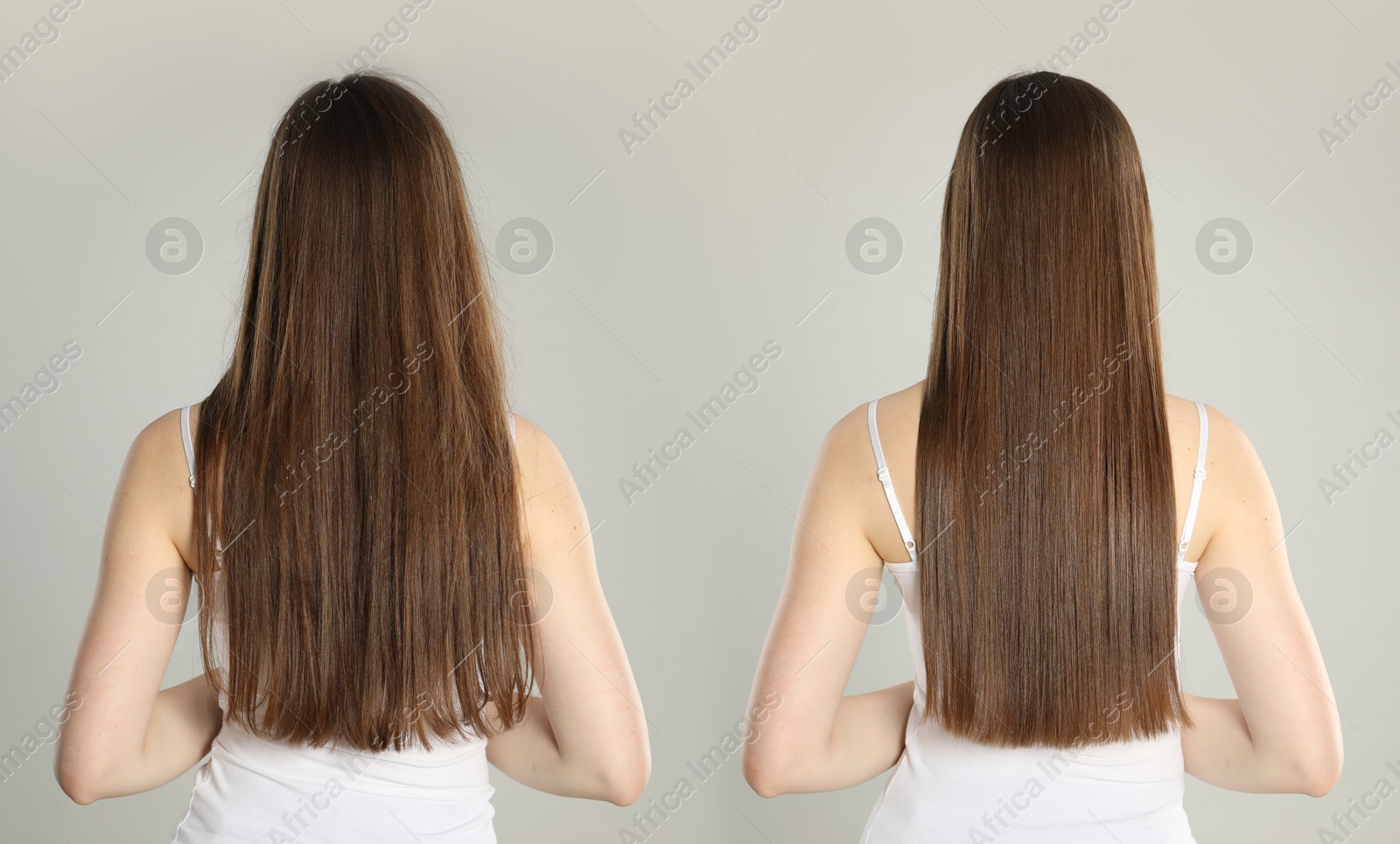 Before and after hair treatment. Woman on grey background, collage Image of Before and after hair treatment. Woman on grey background, collage
