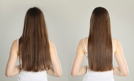 Image of Before and after hair treatment. Woman on grey background, collage