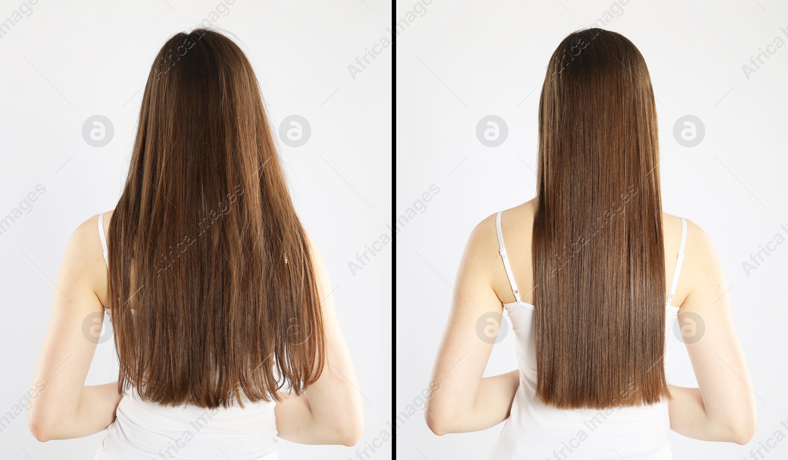 Before and after hair treatment. Collage with photos of woman on light grey background, back view Image of Before and after hair treatment. Collage with photos of woman on light grey background, back view