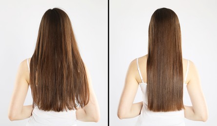 Image of Before and after hair treatment. Collage with photos of woman on light grey background, back view