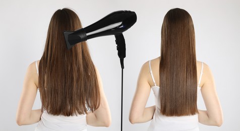 Image of Before and after hair styling. Hair dryer between photos of woman against grey background