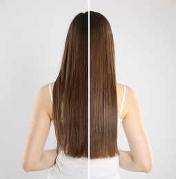 Image of Before and after hair treatment. Photo of woman on light grey background divided into halves, back view