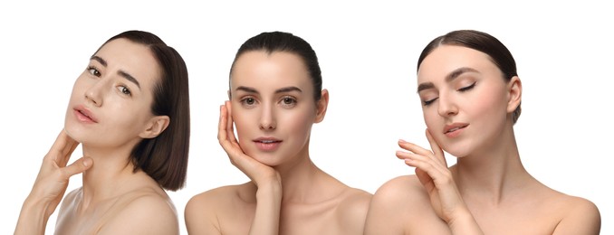 Image of Group of beautiful women on white background. Collection of different portraits