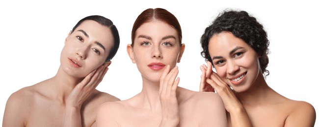 Image of Group of beautiful women on white background. Collection of different portraits