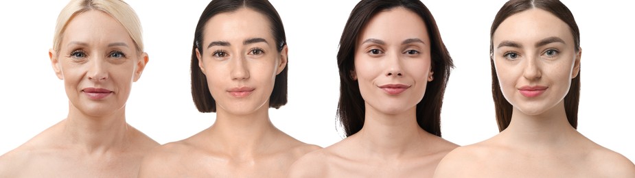 Image of Group of beautiful women on white background. Collection of different portraits