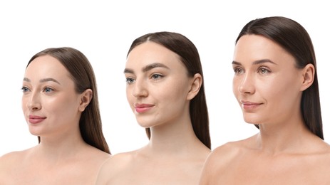 Image of Group of beautiful women on white background. Collection of different portraits