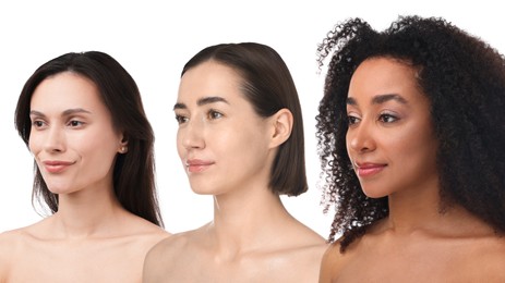 Image of Group of beautiful women on white background. Collection of different portraits