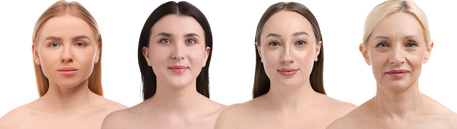 Image of Group of beautiful women on white background. Collection of different portraits