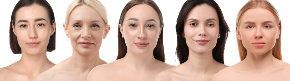 Image of Group of beautiful women on white background. Collection of different portraits