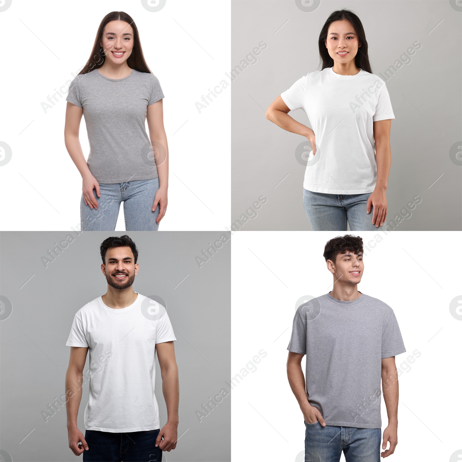 People in different t-shirts against white and grey backgrounds. Mockup for design Image of People in different t-shirts against white and grey backgrounds. Mockup for design