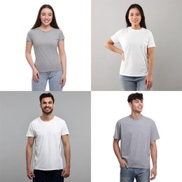 Image of People in different t-shirts against white and grey backgrounds. Mockup for design