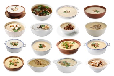 Image of Delicious mushroom soups on white background, collage