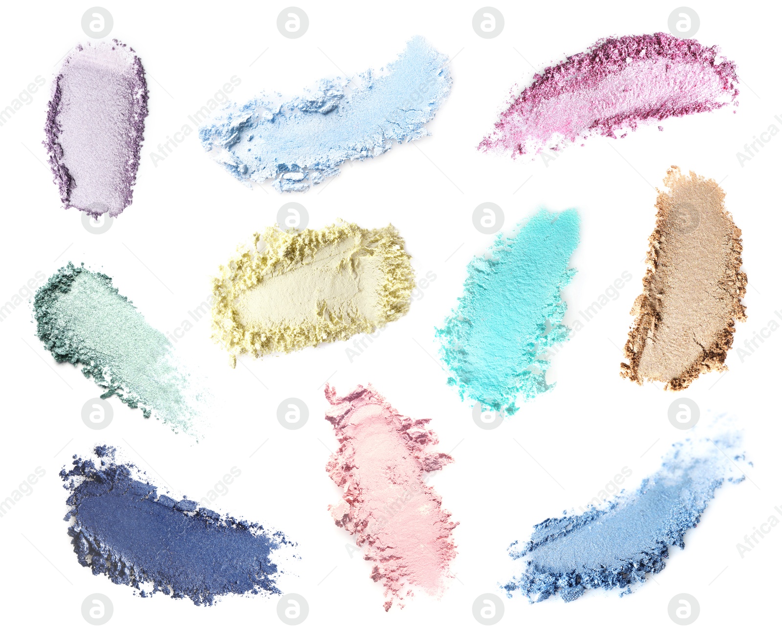 Image of Crushed eyeshadows on white background, set. Bright palette