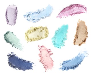 Image of Crushed eyeshadows on white background, set. Bright palette