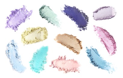 Image of Crushed eyeshadows on white background, set. Bright palette