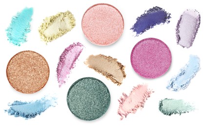 Image of Crushed eyeshadows and refill pans on white background, set. Bright palette