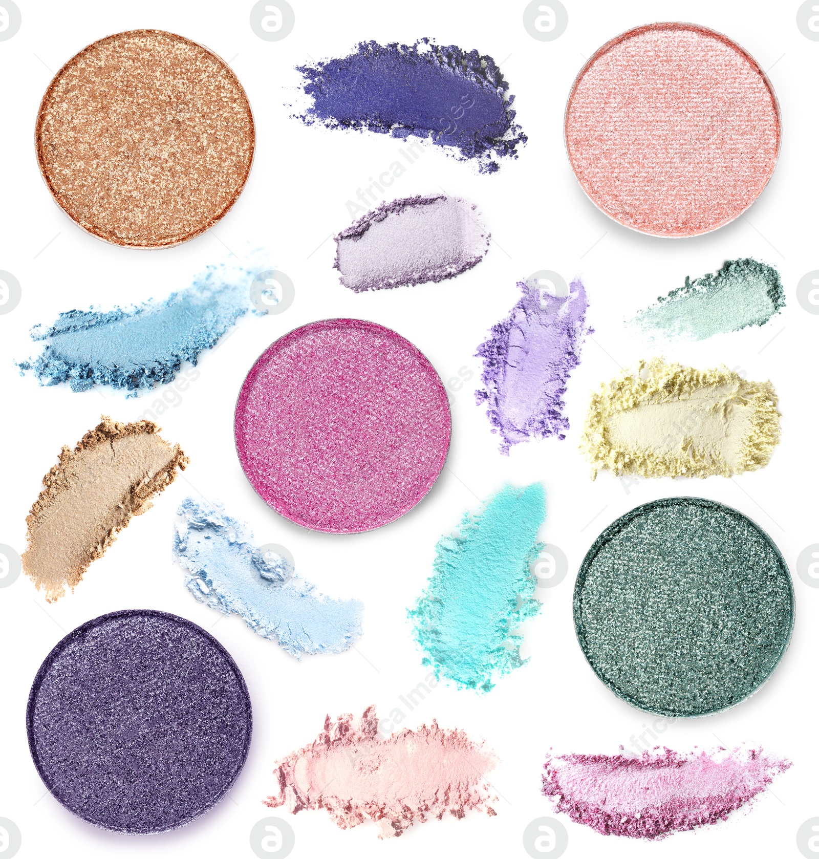Image of Crushed eyeshadows and refill pans on white background, set. Bright palette